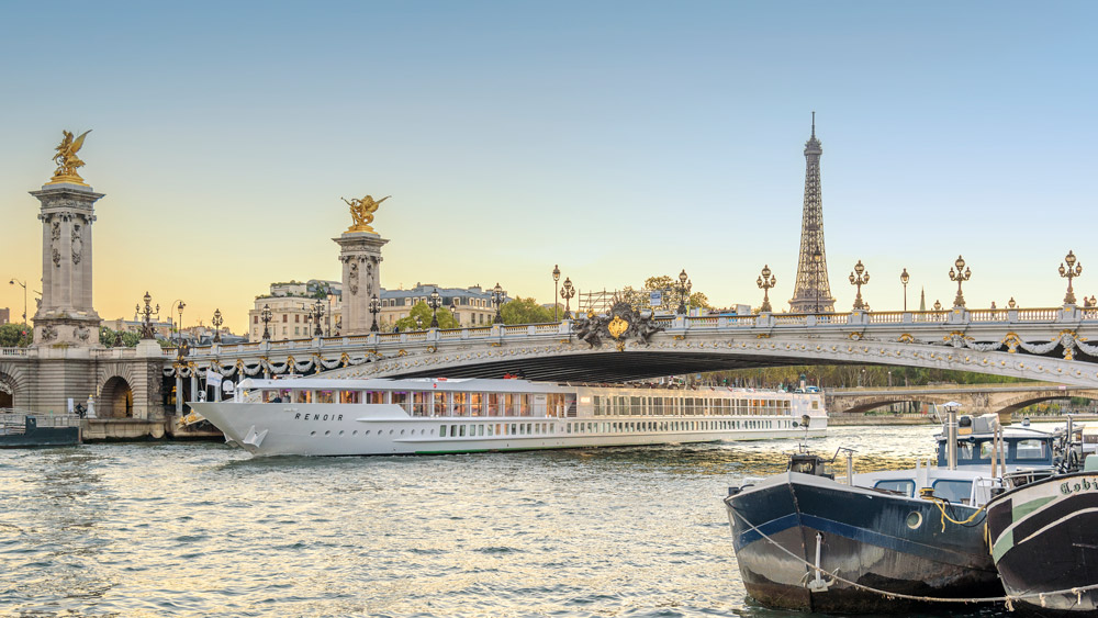 Inland ferry passing by a bridge in paris