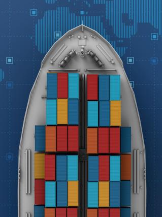 A ship floating on a digitized sea